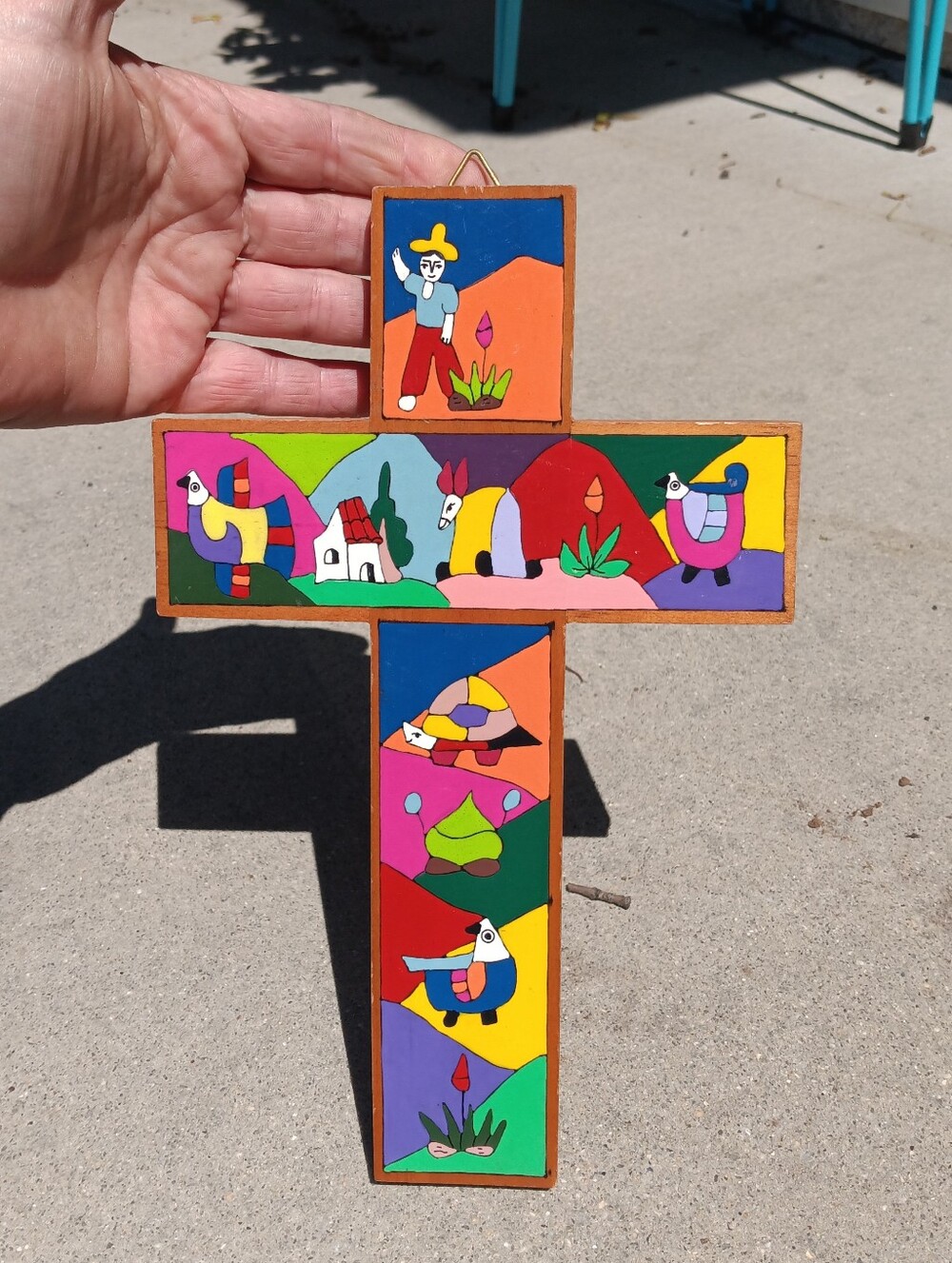 Hand Painted Vintage Folk Art Cross El Guanacos El Salvador 10"